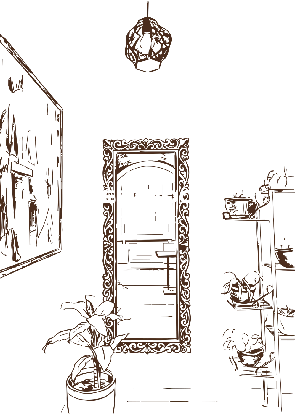 Pen drawing of the hanging lamp and carved mirror at Beetroot Bistro