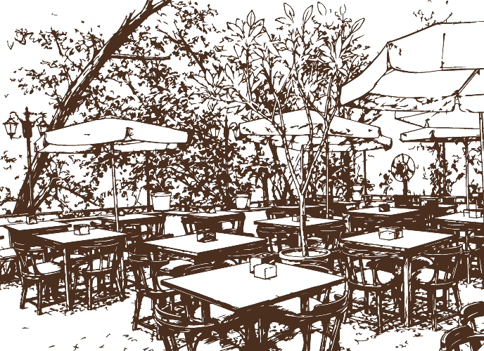Pen sketch of the rooftop: tables under umbrellas and trees